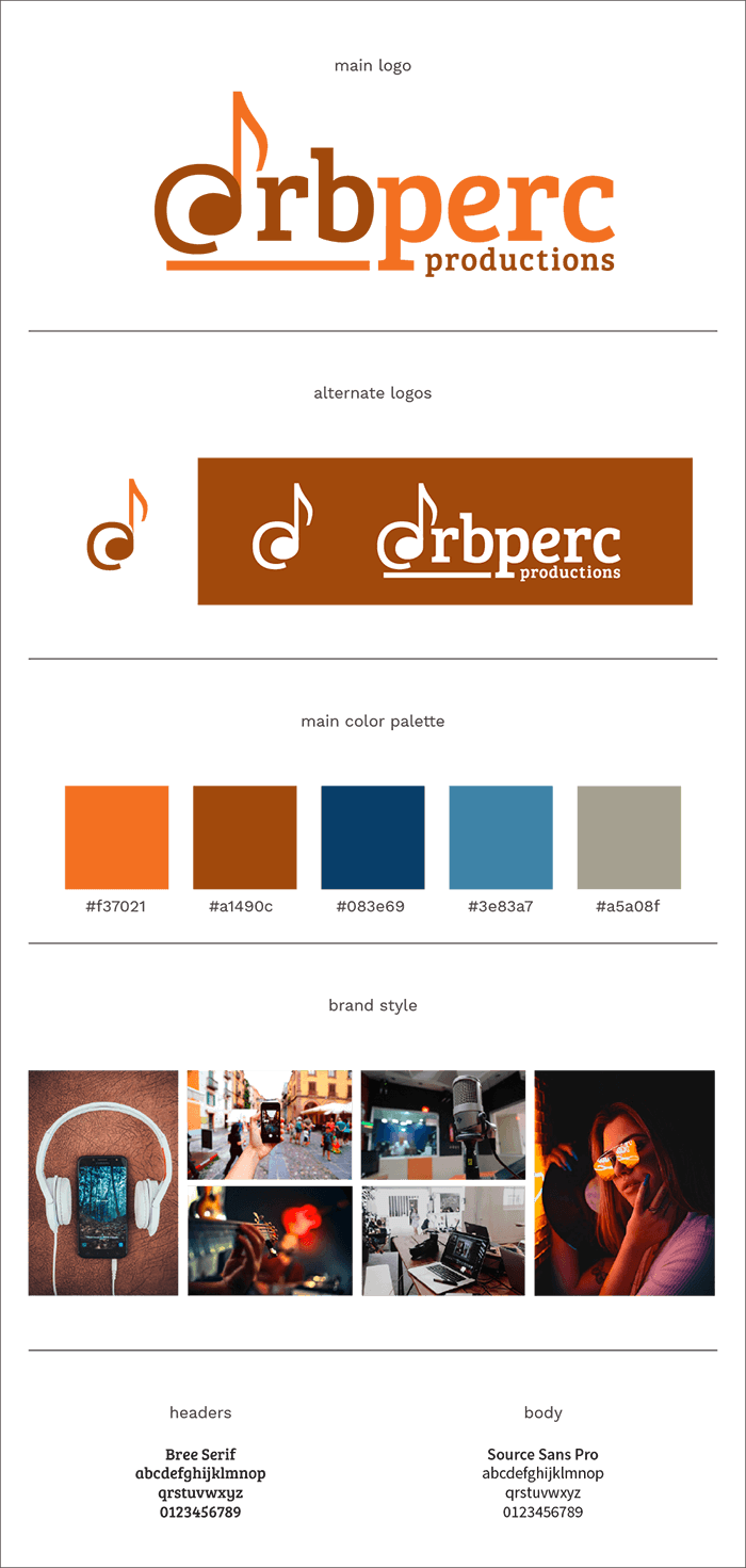 @rbperc Productions Brand Style Board with colors, fonts, and image ideas