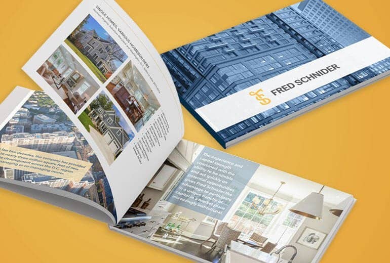 Fred Schnider Real Estate Investors Portfolio Book Brochure Design over a yellow background brochure design San Francisco