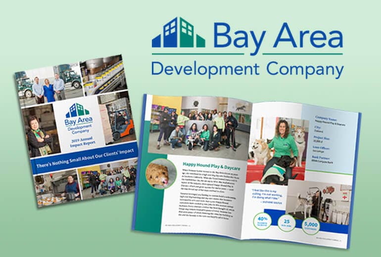 Bay Area Development Company project cover with logo and annual report spreads