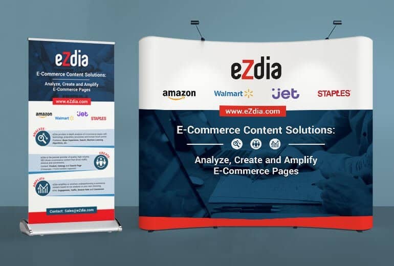 eZdia conference banners tradeshow exhibit over a blue background