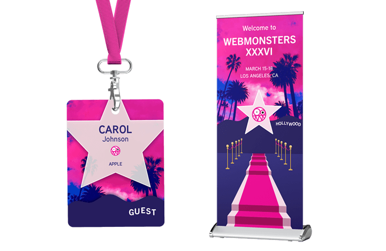 Popup banner stand and lanyard badge for Webmonsters conference