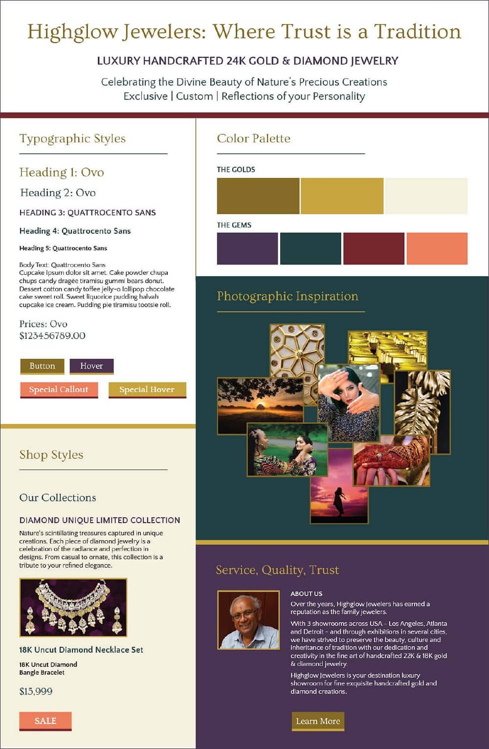 Highglow Jewelers brand board with colors, typography, and website styles